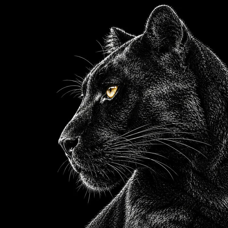 An engraved black panther in profile against black, one gold eye catching the light